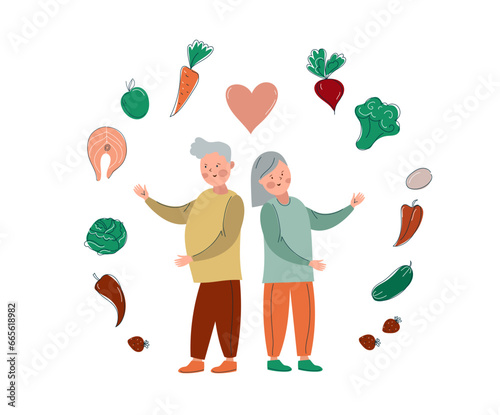 Senior couple with proper foods for elderly. Healthy nutrition for old people , healthy aging.  Counting calories in food.