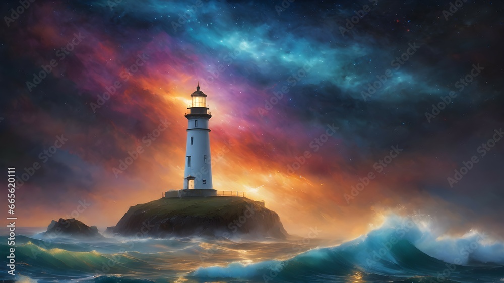 Oil painting of a lighthouse in a storm 