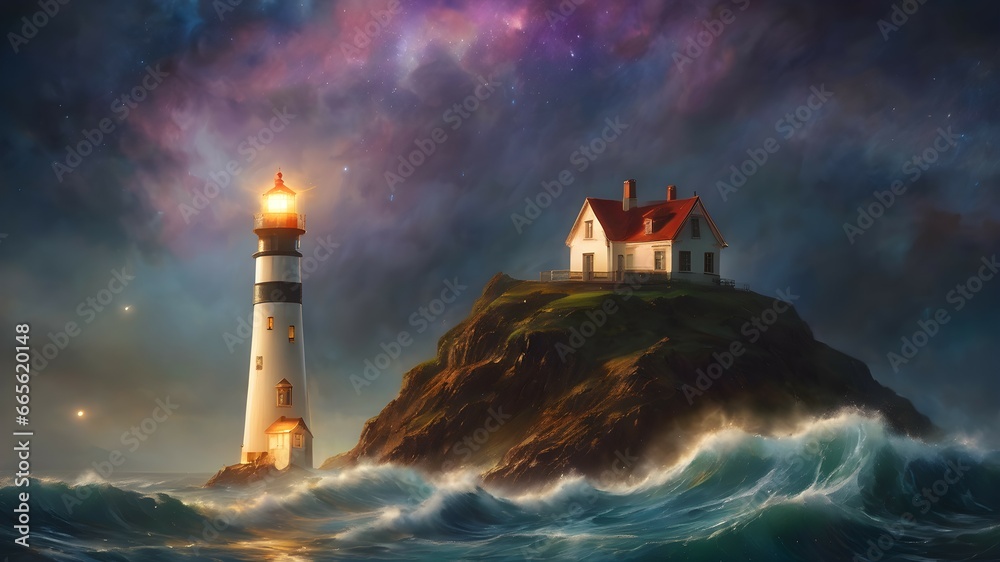 Oil painting of a lighthouse in a storm  - obrazy, fototapety, plakaty 