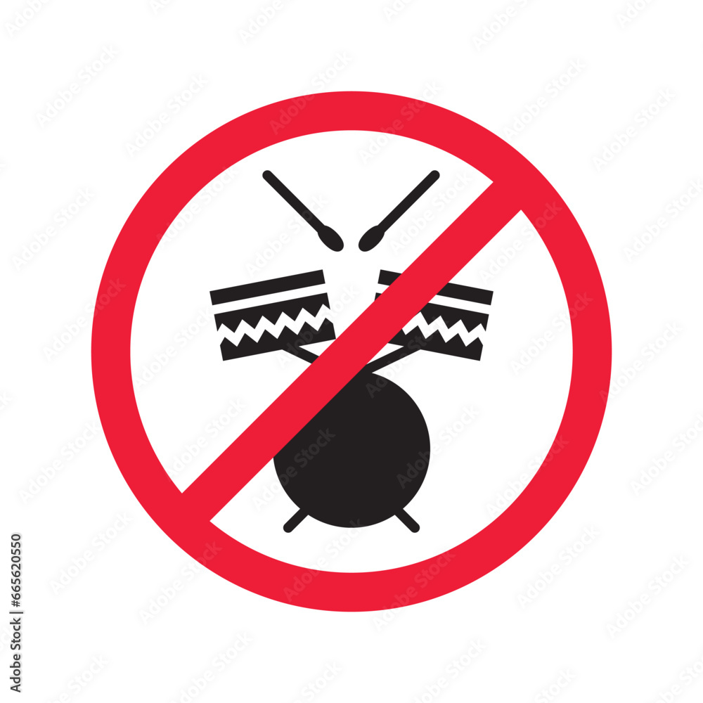 No music icon. Forbidden drums icon. Prohibited drums vector icon