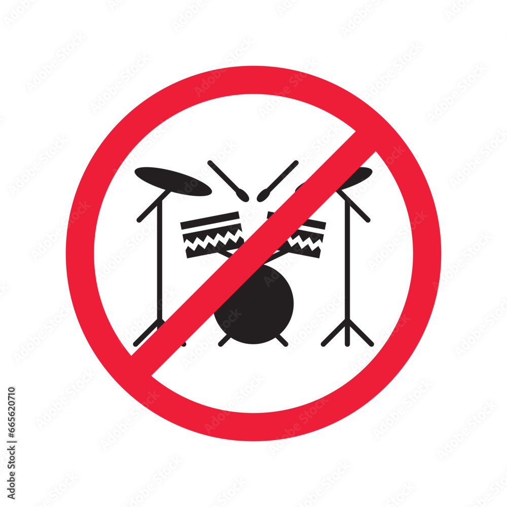 No music icon. Forbidden drums icon. Prohibited drums vector icon. Warning, caution, attention, restriction, danger flat sign design symbol pictogram