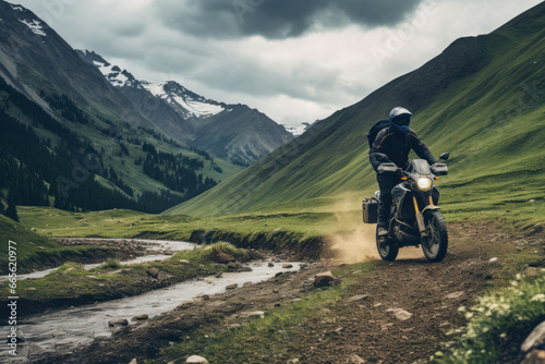 Male biker on motorcycle rides off-road in mountains in highlands, beautiful mountain landscape, cloudys sky, nature environment. Active leisure, travel, sport concept. Generative ai.