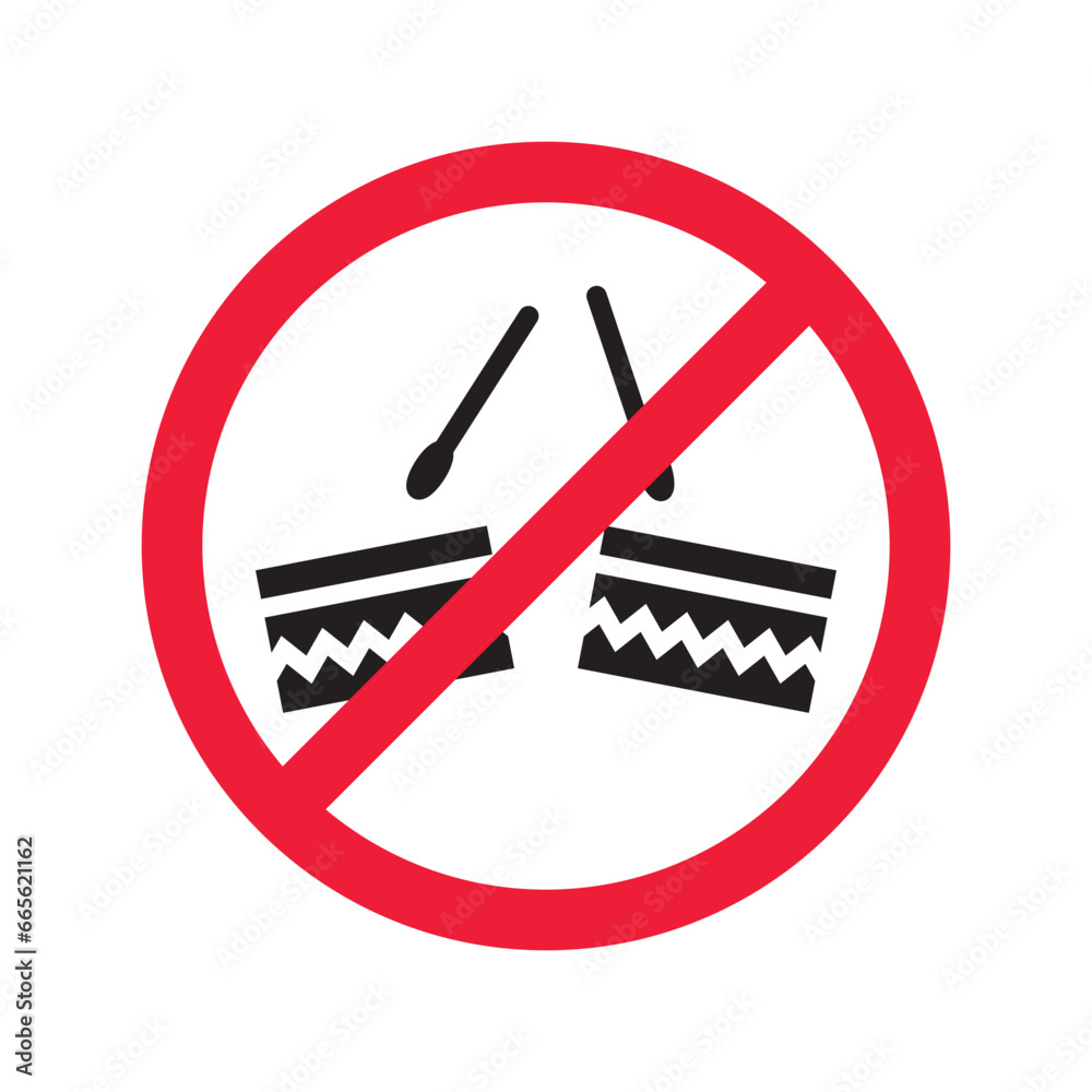 No music icon. Forbidden drums icon. Prohibited drums vector icon. Warning, caution, attention, restriction, danger flat sign design symbol pictogram No music icon. Forbidden drums icon. Prohibited drums vector icon. Warning, caution, attention, restriction, danger flat sign design symbol pictogram