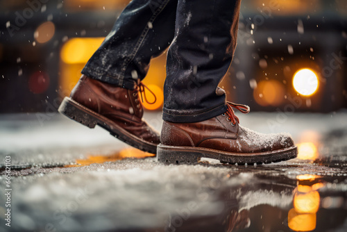 Close-up of a man's shoes walking in snowy street, side view. Bad winter weather photo