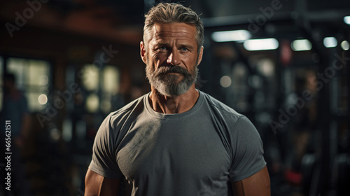 Gray-haired middle-aged man in the gym. Muscular athlete in his 50s with a T-shirt and gray hair from working out in the gym. Diffuse background with copy space.