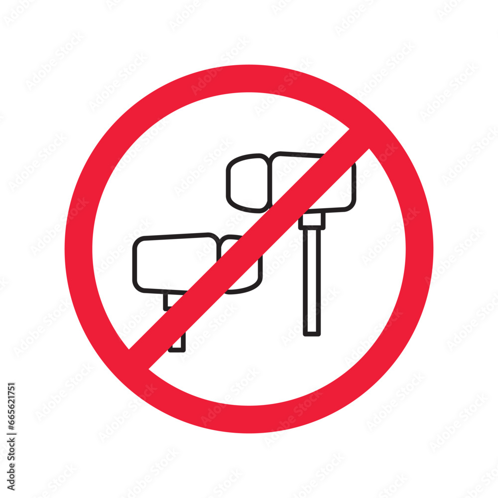 Forbidden Prohibited Warning, caution, attention, restriction label danger. No earbuds vector icon. Do not use earbuds sign design. No headphones symbol flat pictogram. No ear buds Forbidden Prohibited Warning, caution, attention, restriction label danger. No earbuds vector icon. Do not use earbuds sign design. No headphones symbol flat pictogram. No ear buds