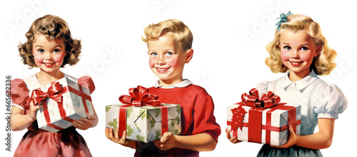 Children at Christmas with gifts. Concept design Vintage 1950s Christmas illustration