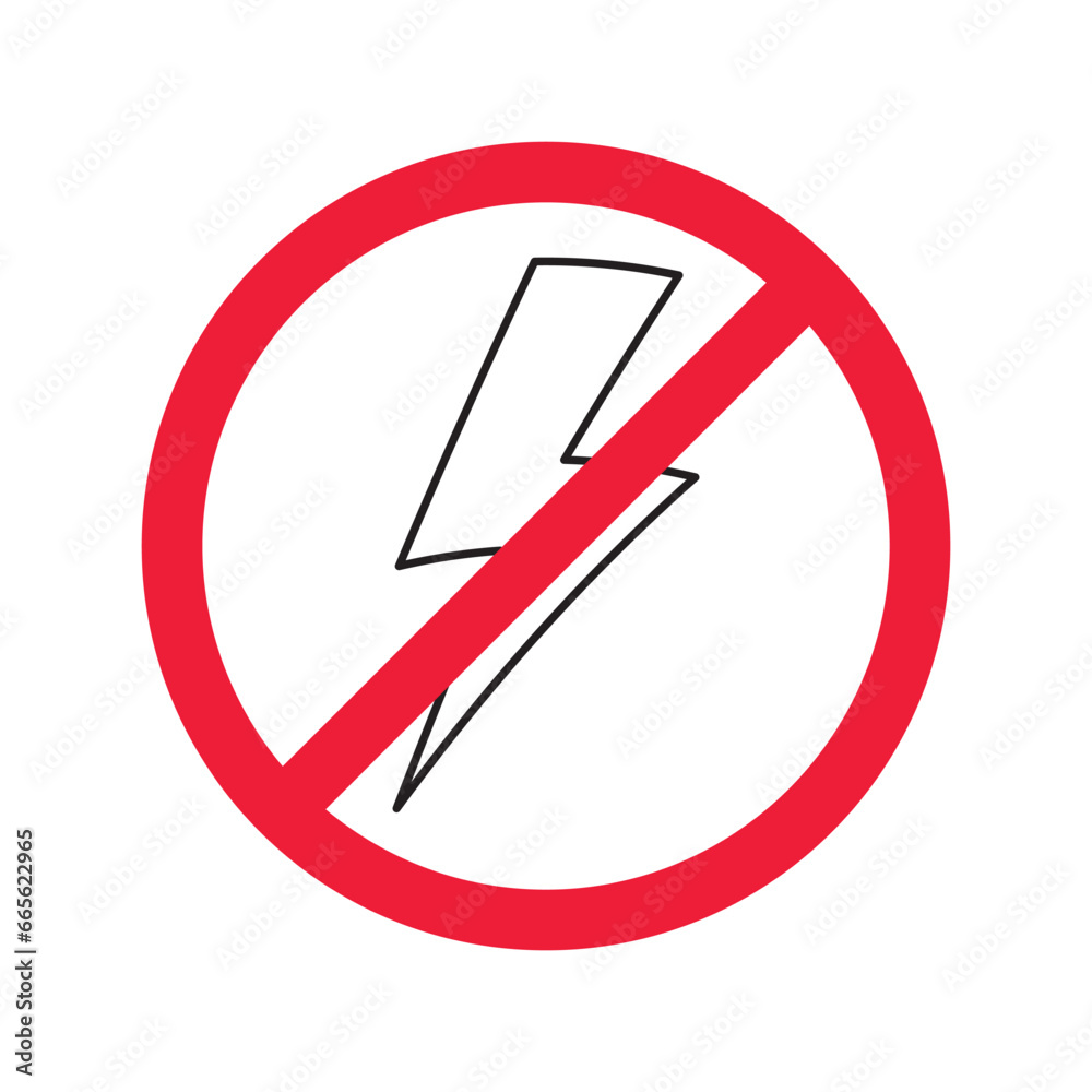 Forbidden Prohibited Warning, caution, attention, restriction label danger. No energy vector icon. Do not use charger sign design. No thunder symbol flat pictogram. No lightning