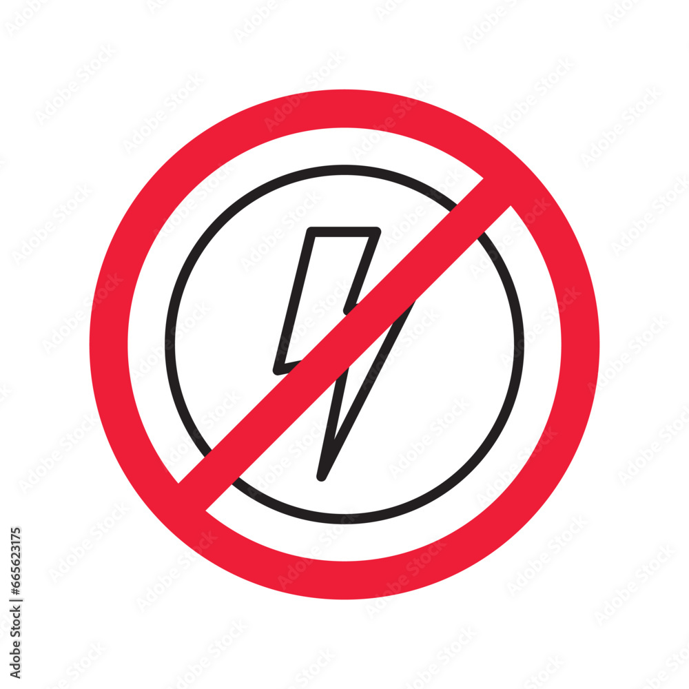 Forbidden Prohibited Warning, caution, attention, restriction label danger. No energy vector icon. Do not use charger sign design. No thunder symbol flat pictogram. No lightning Forbidden Prohibited Warning, caution, attention, restriction label danger. No energy vector icon. Do not use charger sign design. No thunder symbol flat pictogram. No lightning