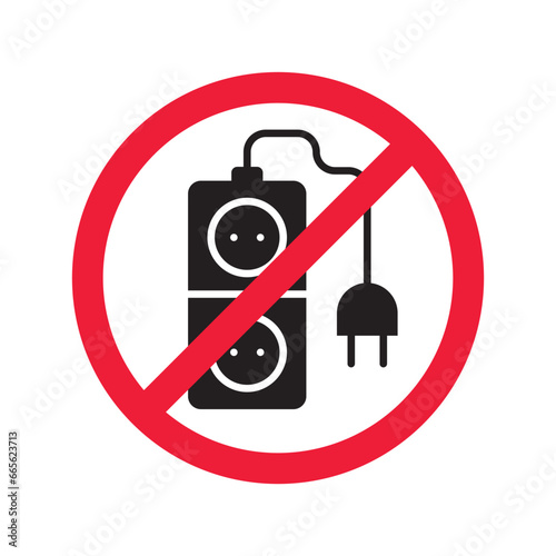 Forbidden Prohibited Warning, caution, attention, restriction label danger. No extension cord vector icon. Do not use extension cord sign design. No extension cord voltage symbol flat pictogram.