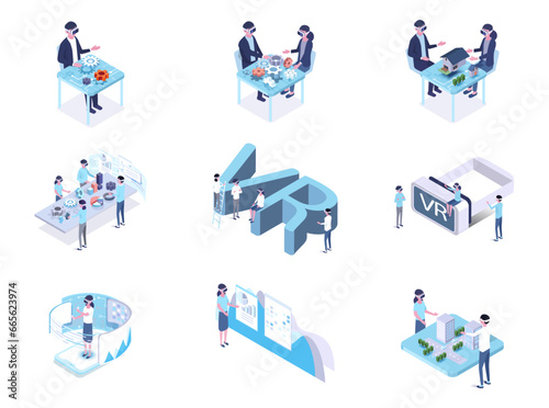 vector virtual reality isometric design set, people work with vr goggles