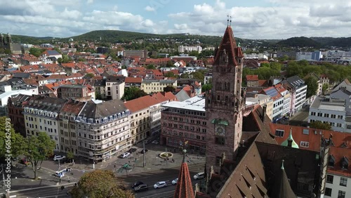 Summer cityscape of Saarbrücken, Germany. Aerial view of the Rathausplatz  with Rathaus St. Johann (Town hall).
