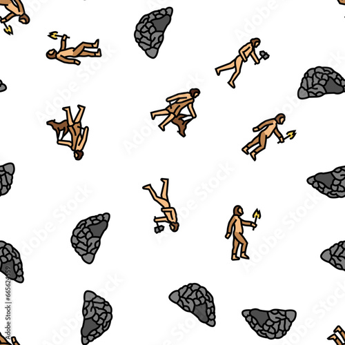 human evolution man caveman vector seamless pattern thin line illustration