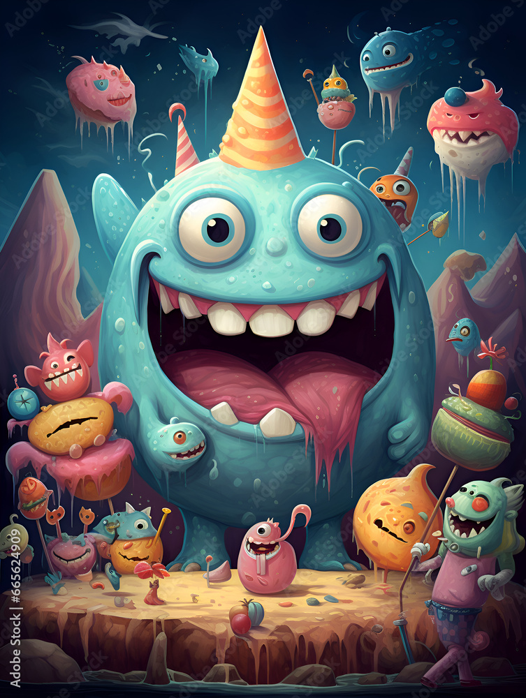 Funny smiling and colorful monsters, abstract illustration background 