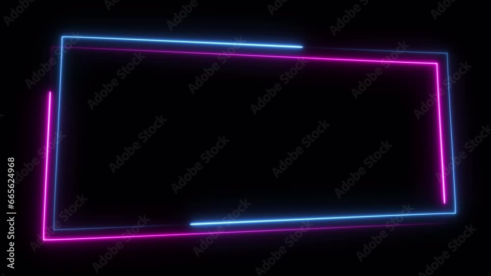 Endless loop of double rectangular glowing neon frame on alpha channel background.