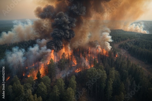 Aerial view of a burning forest. Wildfire, global warming and climate change 
