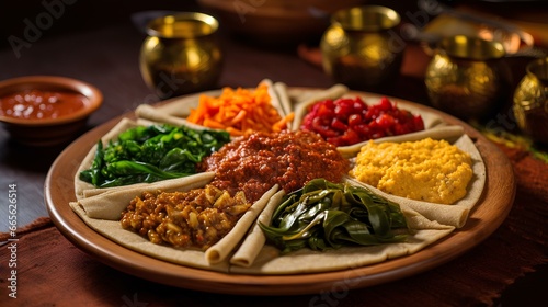 essence of Africa ethiopian traditional cuisine, mouth-watering food. traditional dishes such as injera, doro wat, and kitfo, highlighting their vibrant colors, textures, and intricate presentation. photo