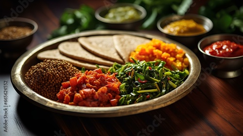 essence of Africa ethiopian traditional cuisine, mouth-watering food. traditional dishes such as injera, doro wat, and kitfo, highlighting their vibrant colors, textures, and intricate presentation.