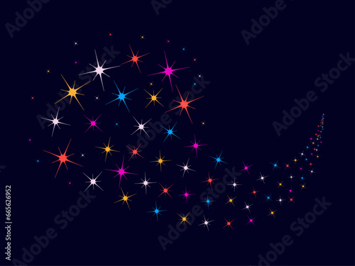 Colorful sparking firework. Christmas vector pattern of bright sparkling magical neon multi-colored particles, sparks and stars shining with special light on dark background. 