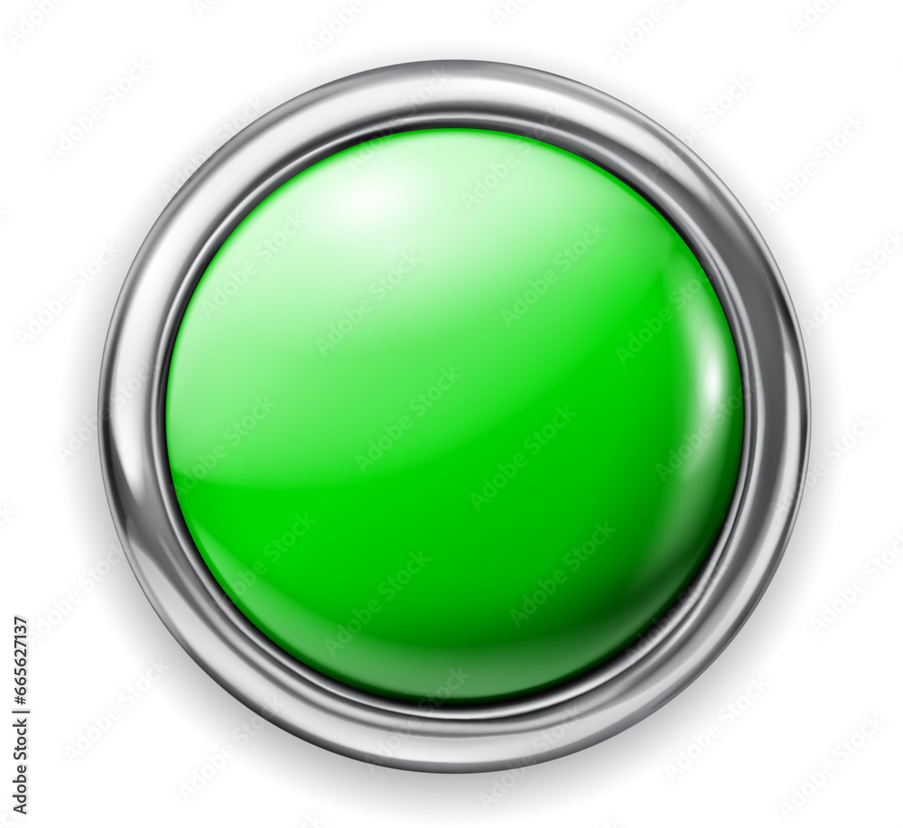 Realistic big green plastic button with thin shiny metallic border. With shadow on white background Realistic big green plastic button with thin shiny metallic border. With shadow on white background