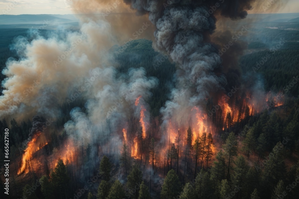 Fototapeta premium Aerial view of a burning forest. Wildfire, global warming and climate change. the concept of disaster 