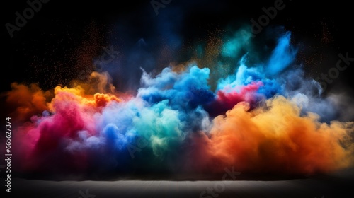 Colored powder explosion. Abstract closeup dust on black background. Colorful explode. Paint holi