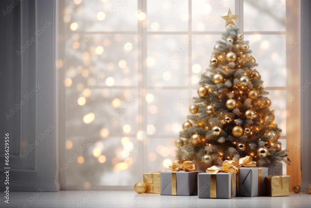 Christmas tree with golden ball toys in a modern stylish interior. Trendy Christmas colors. Boxes with surprise gifts. Bright yellow bokeh from garlands. Generative AI.