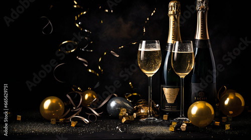  Champagne Bottle, Wine Glasses, Golden Confetti, and Decorative Balls on a Stylish Dark Background - Lavish Flat Lay Arrangement. Generation AI
