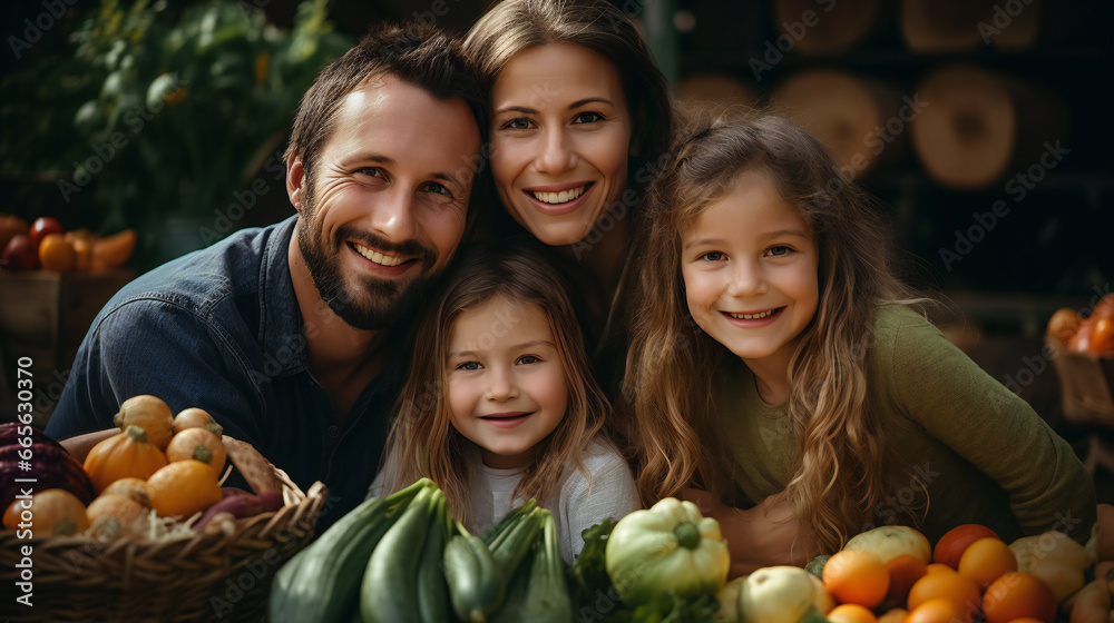 Happy family done with harvesting vegetables and smiling, sun set light Happy family done with harvesting vegetables and smiling, sun set light