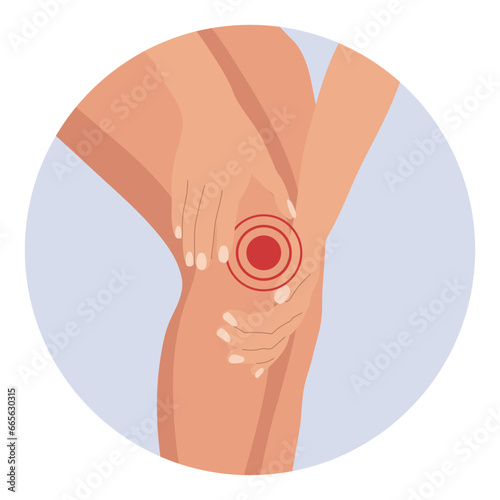 Knee pain, knee arthritis, leg pain due to rheumatoid arthritis. Anatomy of human bones. Illustration, vector