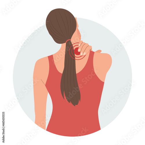 Woman with pain in the cervical and lumbar vertebrae. Back pain, muscle pain, osteoarthritis, rheumatoid arthritis. Medicine. Illustration, vector