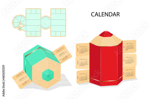 Pencil  Shaped Gift Box Design. Calendar  Twelve Months, Weekend Days Highlighted. Three-Dimensional Laser Cutting Template. Cardboard Die Cut Fully  Functional for Crafts, Holiday, Office.