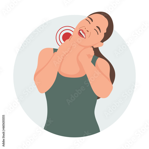 Woman with pain in the cervical and lumbar vertebrae. Back pain, muscle pain, osteoarthritis, rheumatoid arthritis. Medicine. Illustration, vector
