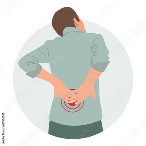 A man with pain in the cervical and lumbar vertebrae. Back pain, muscle pain, osteoarthritis, rheumatoid arthritis. Medicine. Illustration, vector