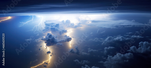 Thunderstorms dark sky seen from space High-altitude light up the night sky, Stormy cyclone swirling, Typhoon, Hurricane, catastrophe lightning, Concept on the theme of weather, natural disasters photo