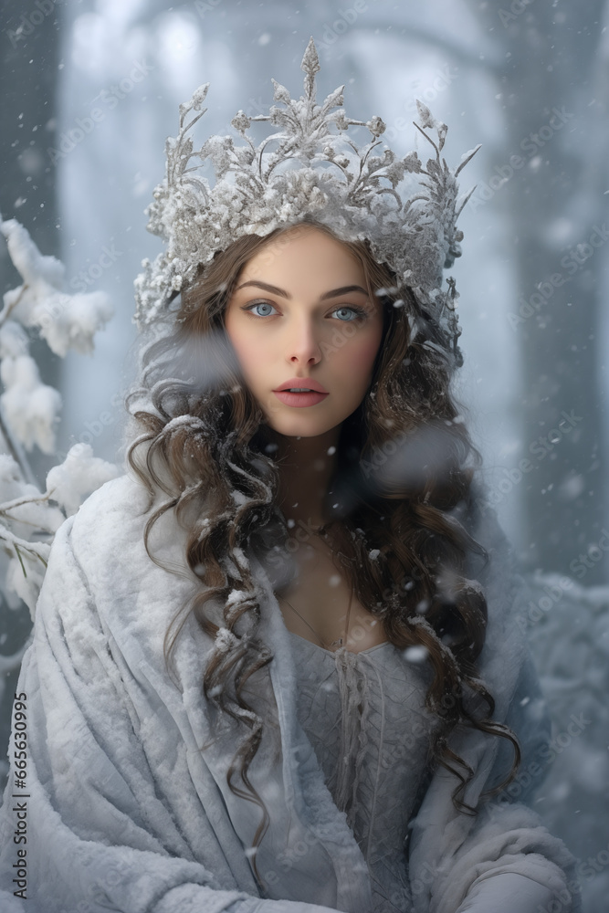 Ethereal beauty girl in winter attire with an elegant frosty crown. Pagan Christmas and New Year vibes. Suitable for festive posters, greeting card, banner with copy space for text