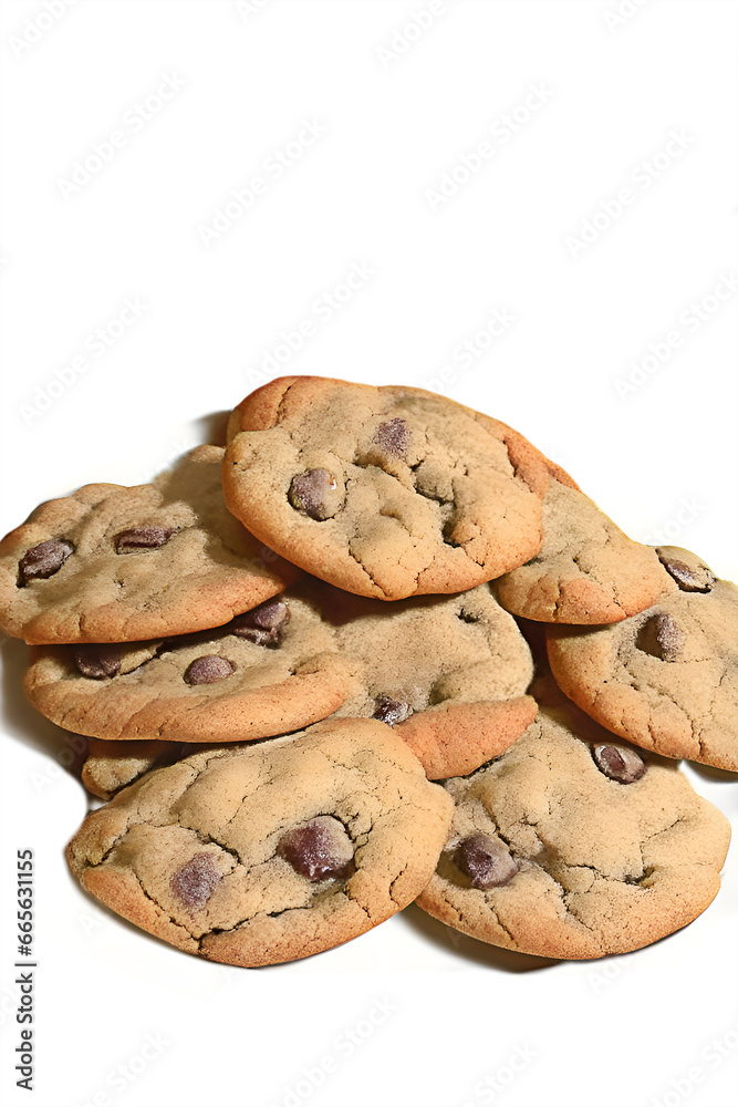 Pile of chocolate cookies on a white background. Homemade baking.