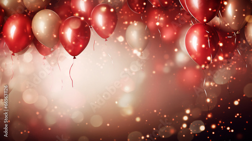 Background illustration of colorful balloon decoration. Holiday, birthday background with balloons and confetti birthday card or invitation design. Generative AI