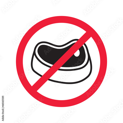 Forbidden Prohibited Warning, caution, attention, restriction label danger. No meat vector icon. Do not eat steak sign design. No beef steak barbecue symbol flat pictogram. 