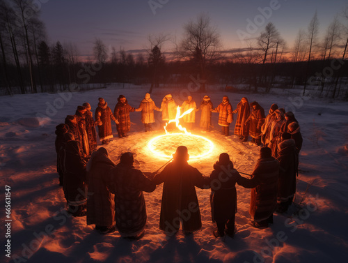 Circle of people around fire in snowy field at dawn. Winter fantasy. Pagan Christmas ritual and New Year concept. Design for event invitation, greeting card with copy space for text