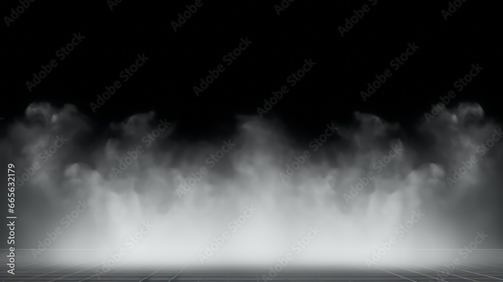 Fototapeta premium A white cloud of smoke on a Illuminated stage with scenic lights on black background.