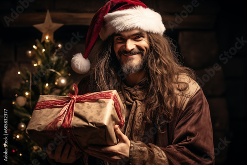 Cheerful man offering festive gift by Christmas tree. Cozy atmosphere. New Year's holidays. Design for greeting card, poster, or wallpapers