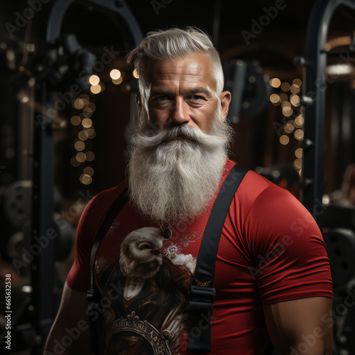 Big muscular Santa Claus is exercising in the fitness center to send gifts during Christmas.generative ai