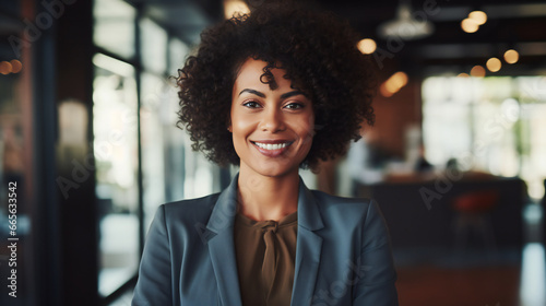Portrait of beautiful young professional african-american woman, businesswoman smiling in office in office with, folded arms and confident expression. Generation AI