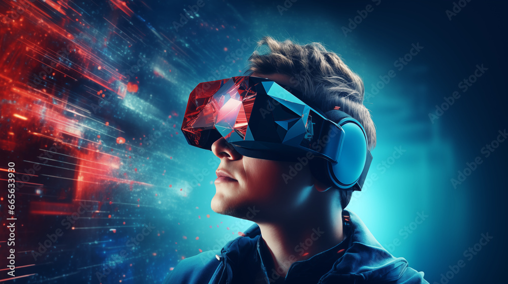Guy wearing a futuristic VR headset with a cool abstract background