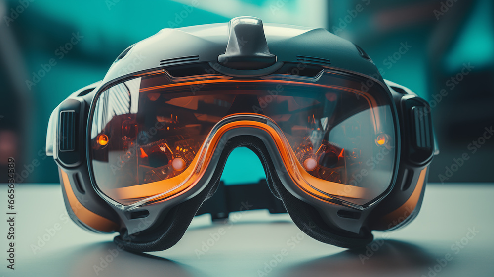 Futuristic VR headset that looks like a Jet pilots goggles. Generative AI