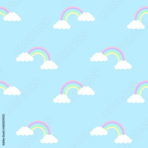 Rainbow clouds seamless pattern cartoon kawaii vector art on blue background wallpaper for kids, card, cover design paper