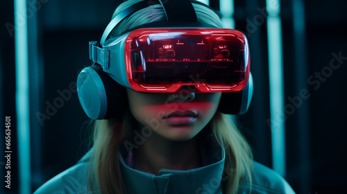 A beautiful girl immersed in a VR headset from the future, experiencing a captivating digital world