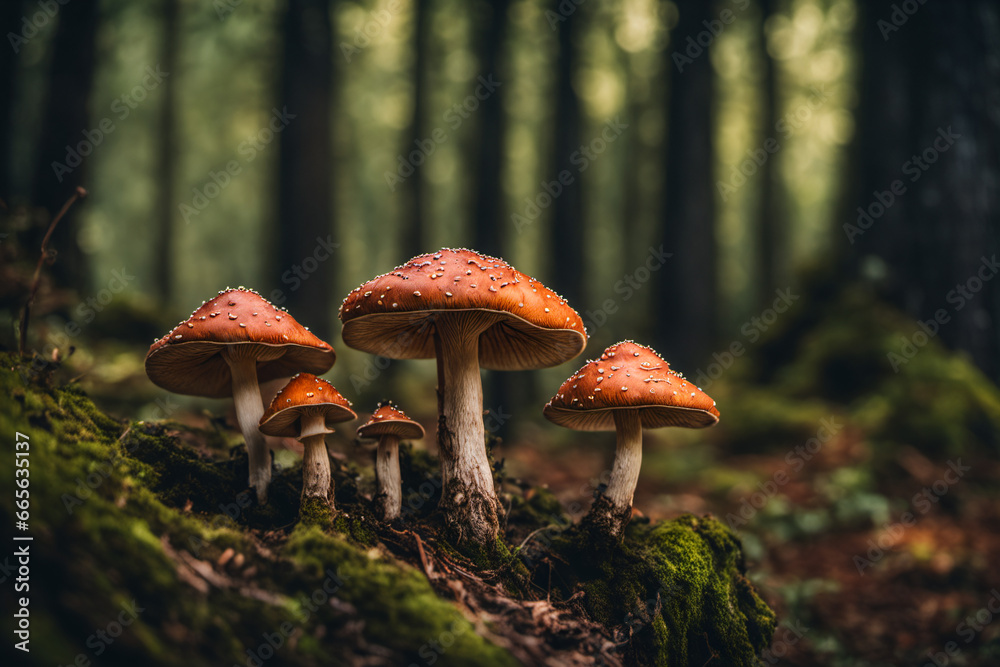 Orange Mushrooms Emerge in Abundance in a mossy forest Orange Mushrooms Emerge in Abundance in a mossy forest