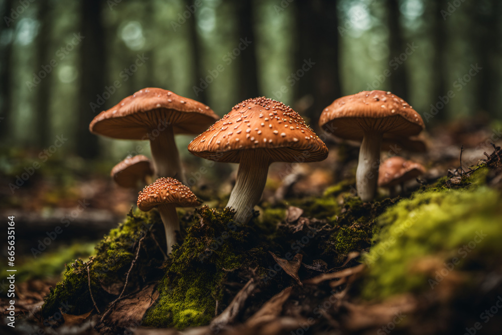 Orange Mushrooms Emerge in Abundance in a mossy forest Orange Mushrooms Emerge in Abundance in a mossy forest